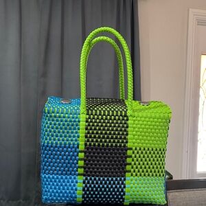 💚🖤💙Green, Blue & Black Handwoven Recycled Plastic Bag Handcrafted Square